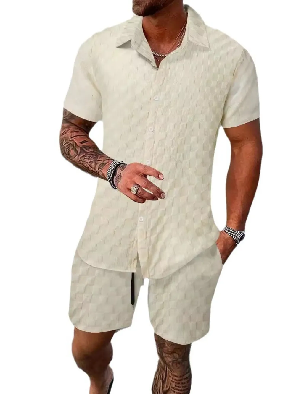 Men's Full Size Collared Neck Short Sleeve Top and Shorts Set Plus Size, image 7