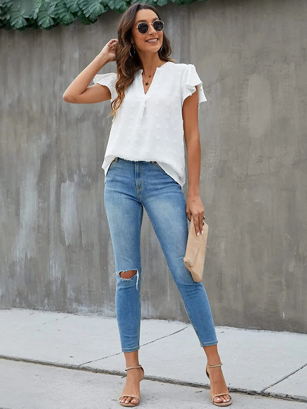 Swiss Dot Notched Flutter Sleeve Blouse, image 29