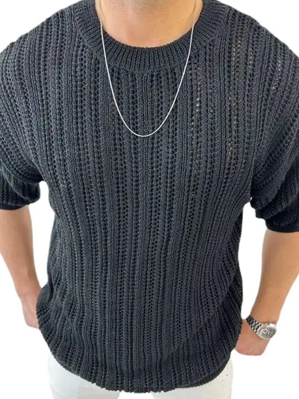 Men's Openwork Round Neck Knit T-Shirt, image 3