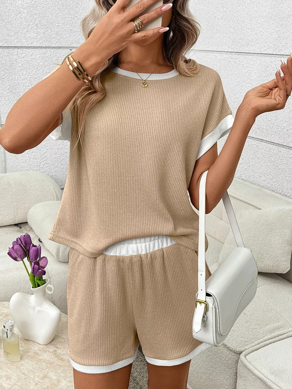Contrast Trim Short Sleeve Top and Shorts Set, image 14
