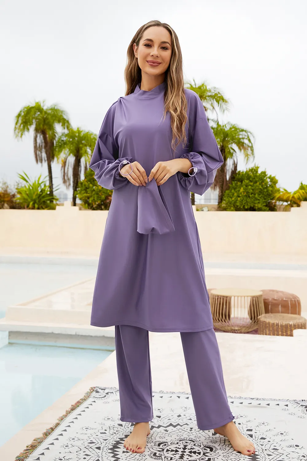 Cap, Drawstring Mock Neck Long Sleeve Top and Pants Swim Set, image 3