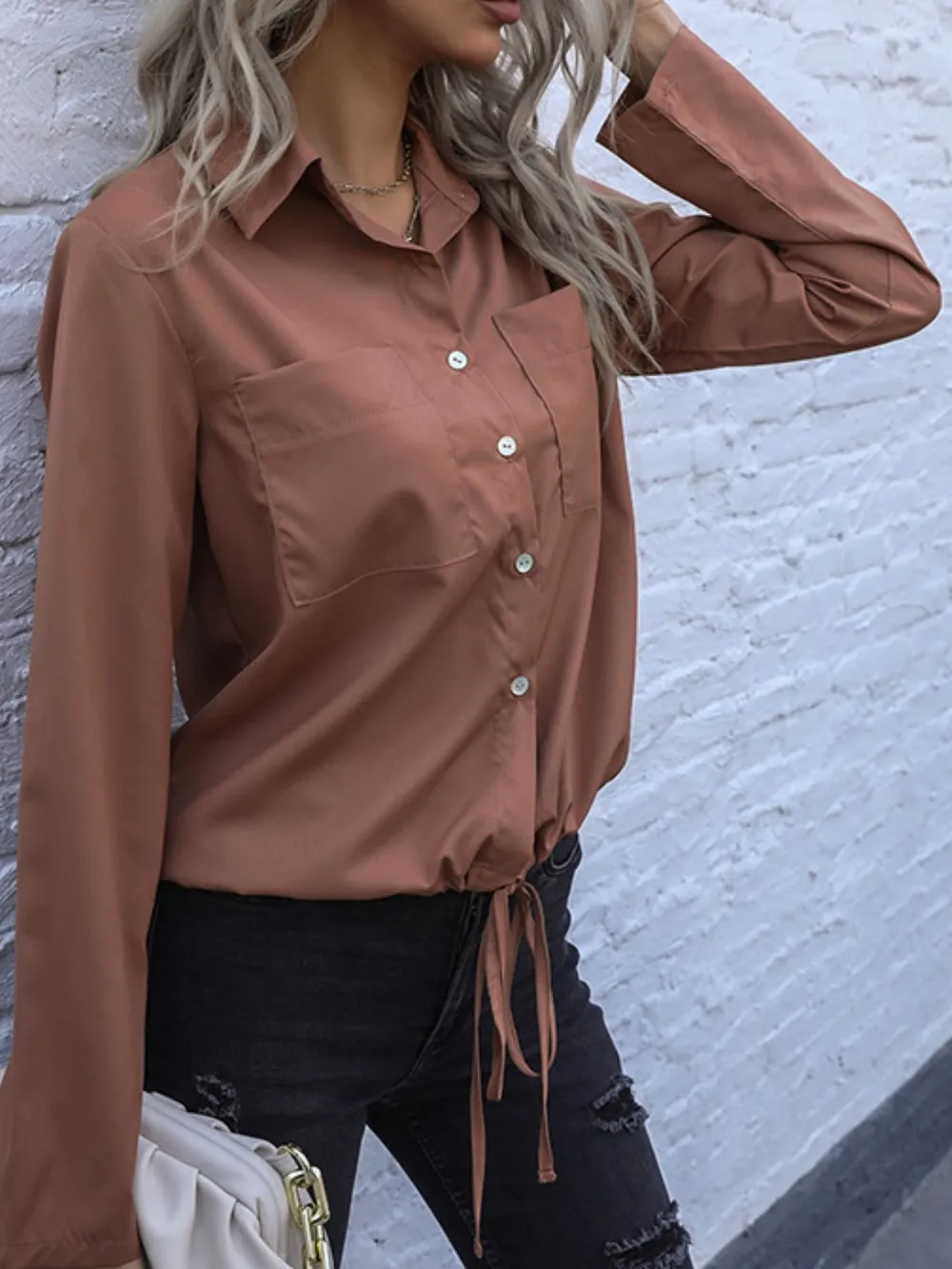 Tied Hem Button Down Long Sleeve Shirt, image 8