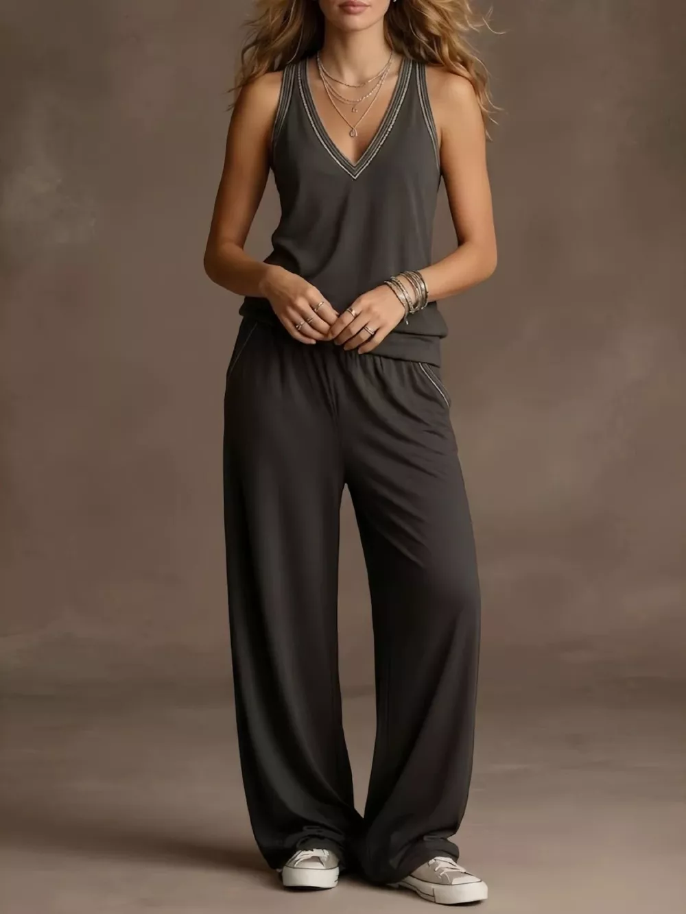 Full Size V-Neck Tank Top & Wide-Leg Pants Set Plus Size, image 3