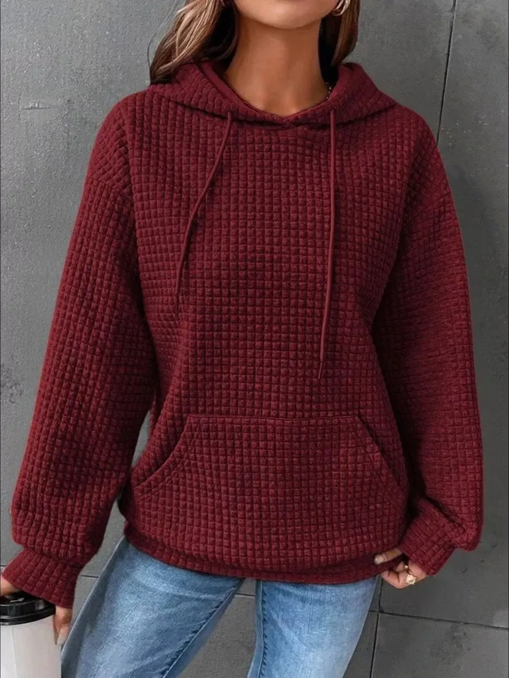 Full Size Textured Kangaroo Pocket Hoodie Plus Size, image 20