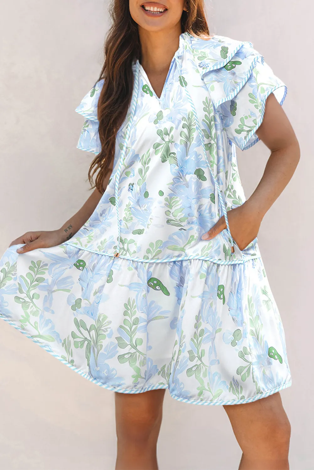 Floral Contrast Edge Layered Short Sleeve Mini Dress, image 22