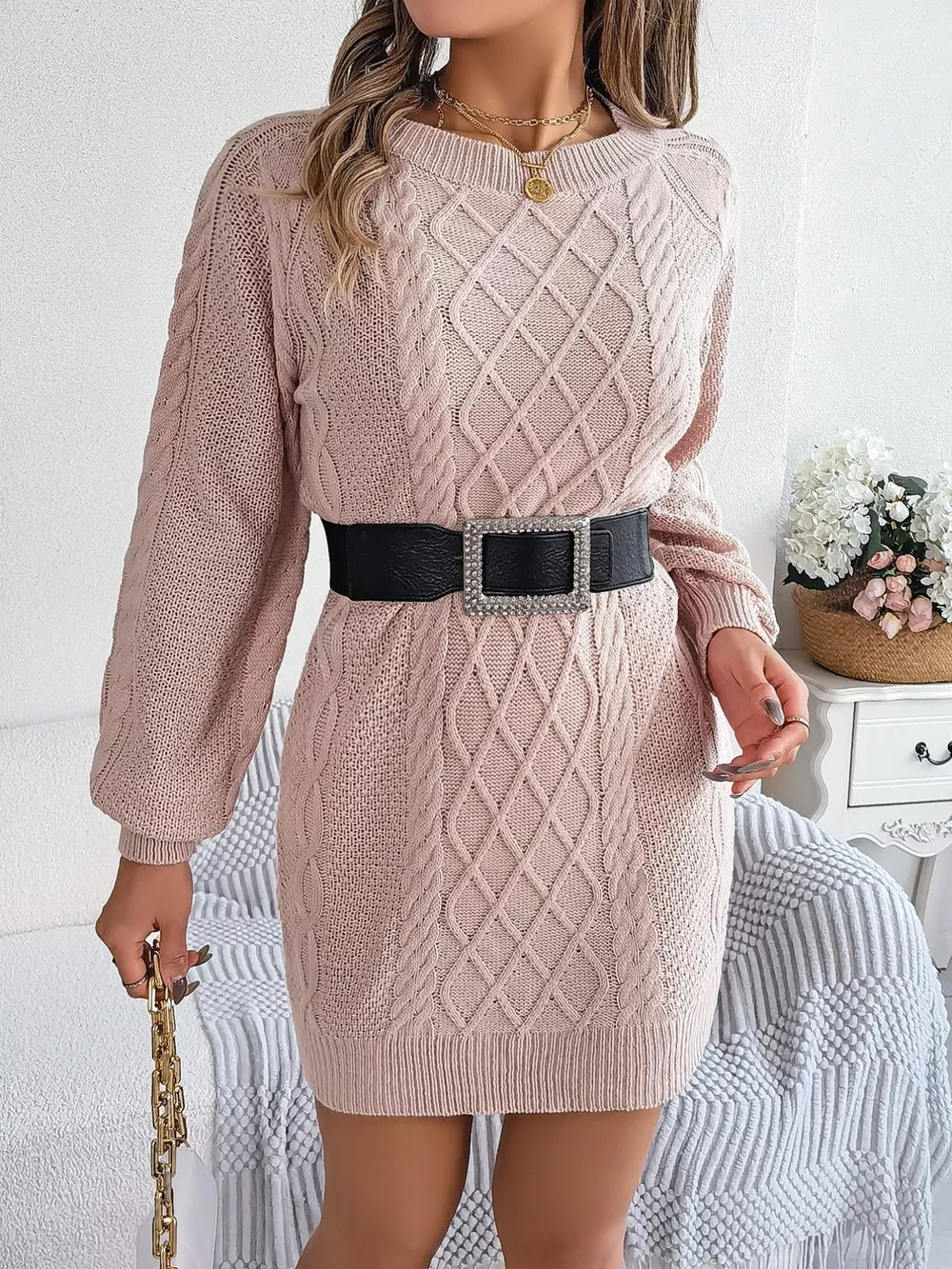 Diamond Cable Knit Sweater Dress with Long Sleeves, image 4