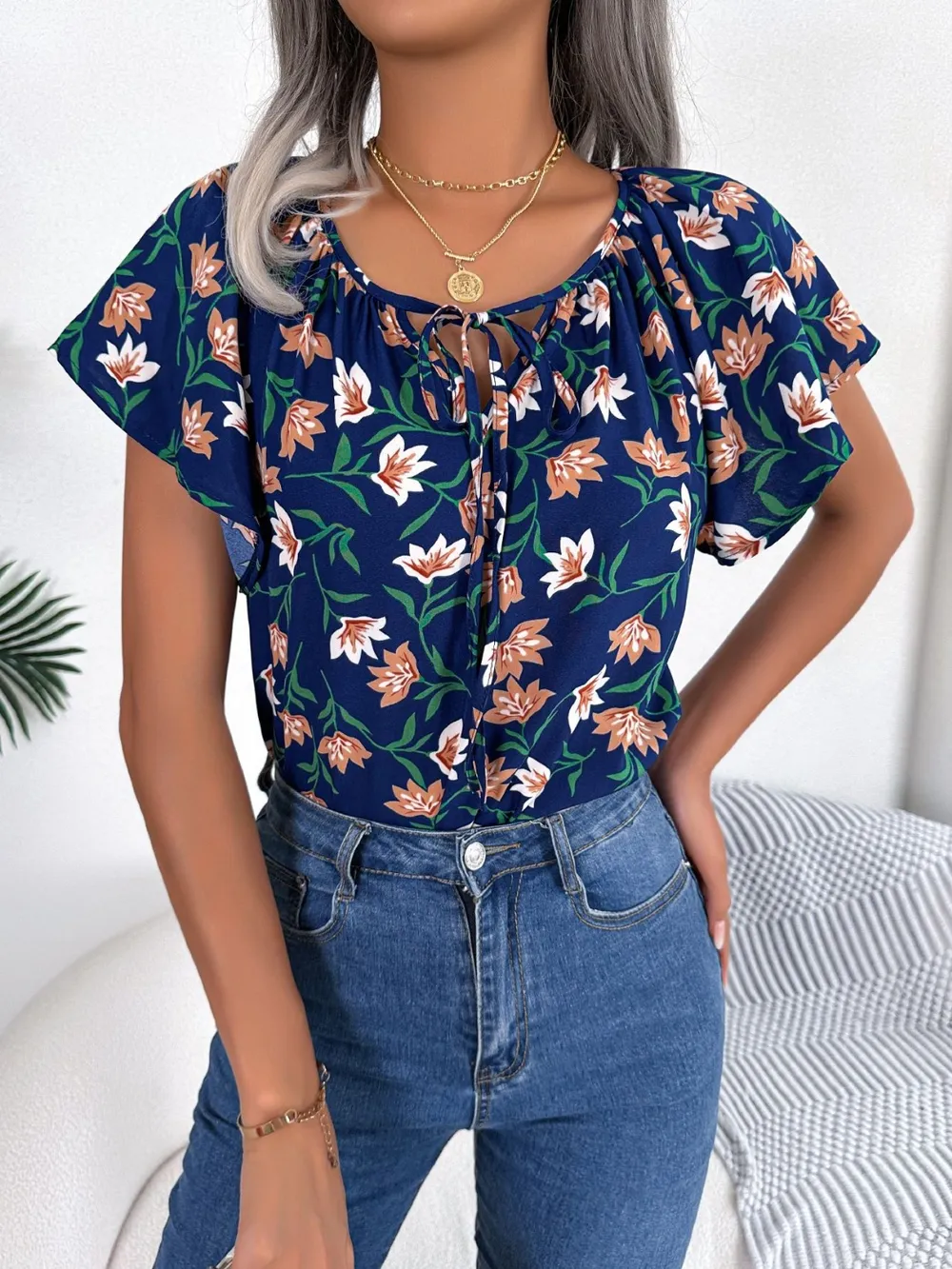 Floral Tie Neck Flutter Sleeve Blouse, image 11