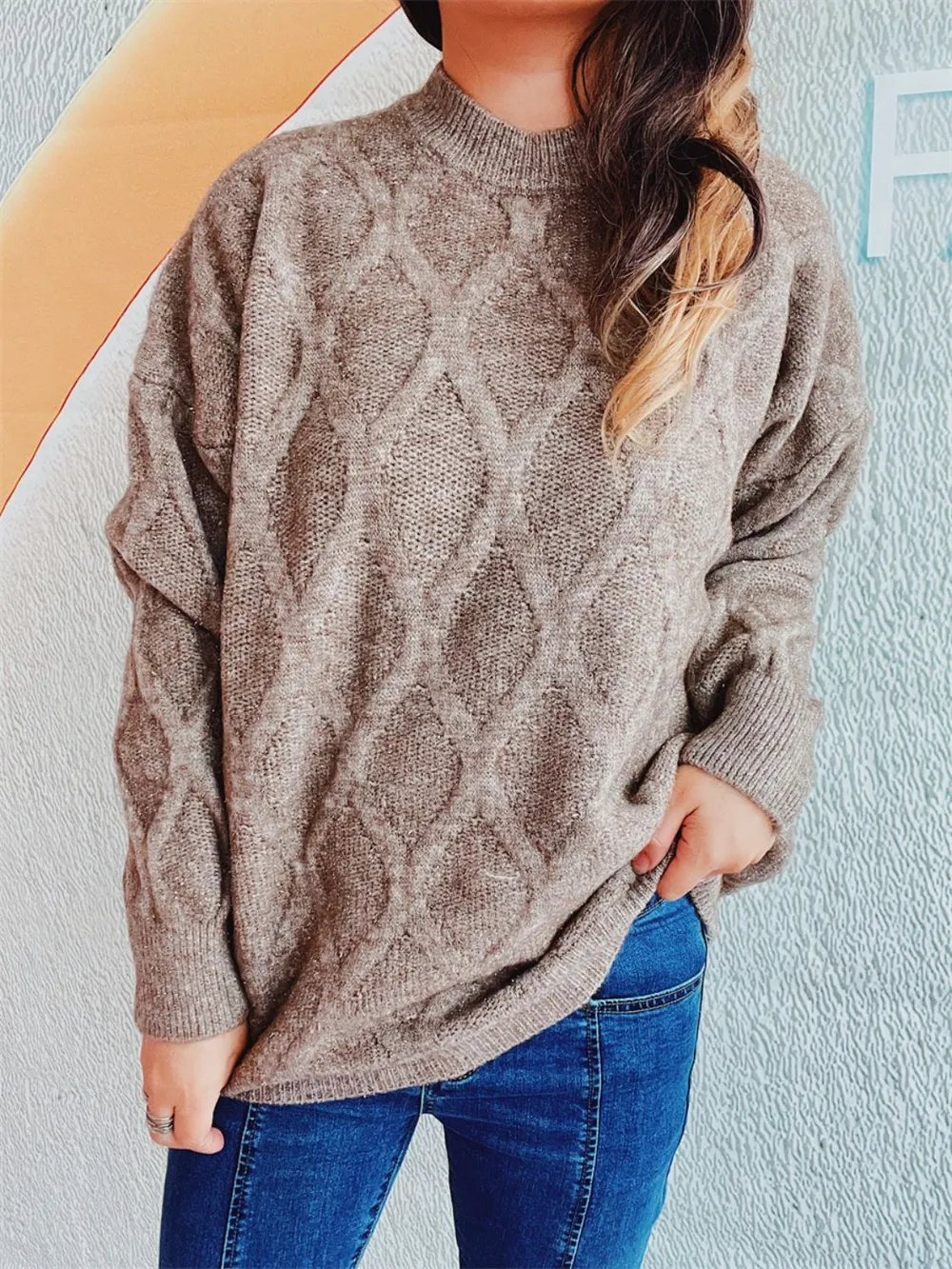Diamond Round Neck Long Sleeve Sweater, image 6