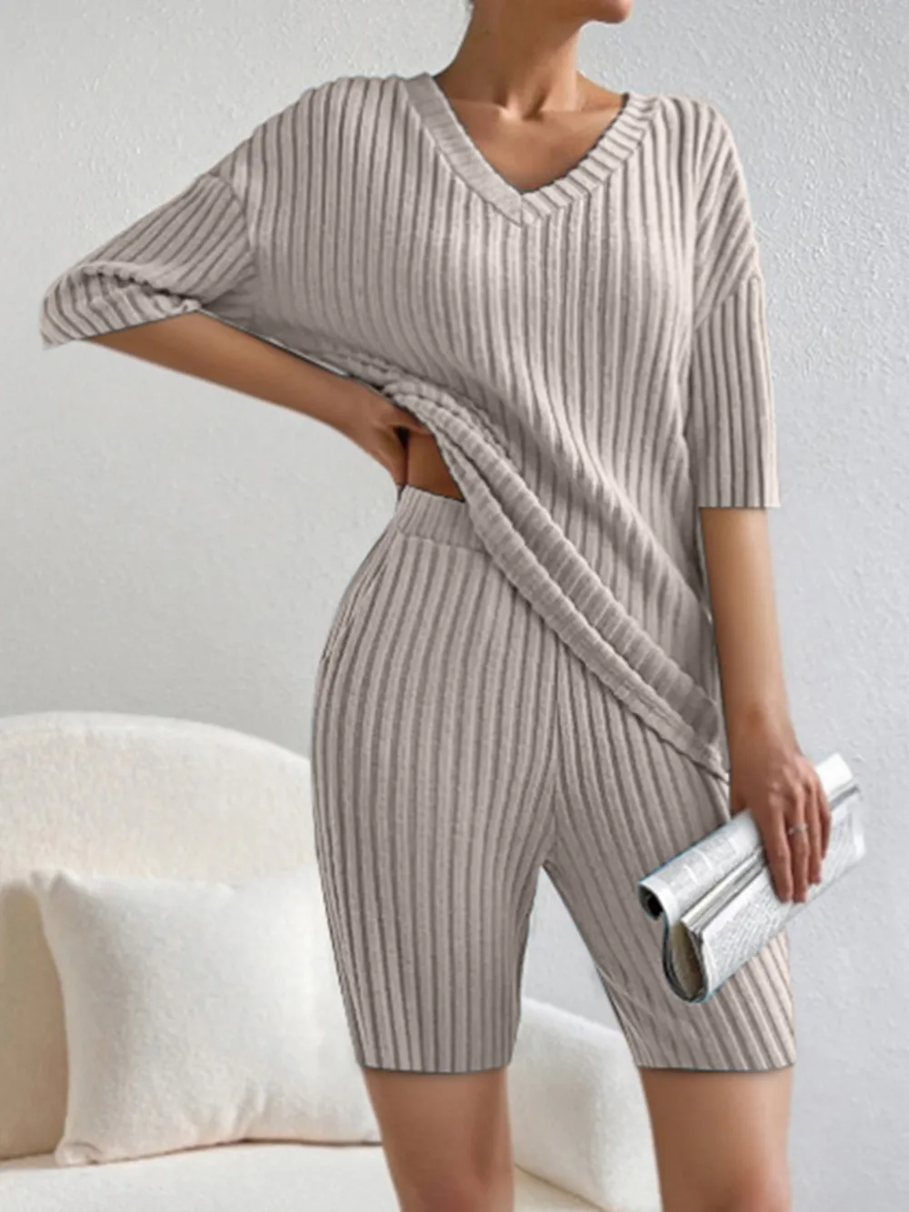 Ribbed V-Neck Top and Shorts Set, image 6