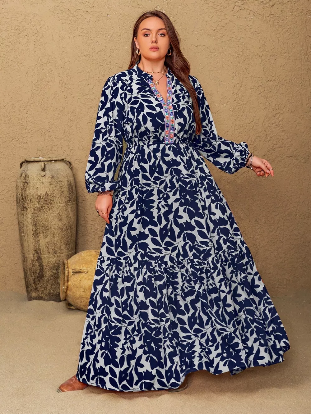 Plus Size Floral Print Notched Long Sleeve Maxi Dress, image 6