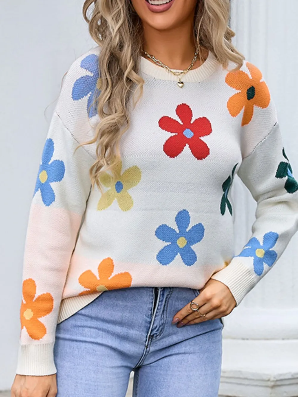 Flower Round Neck Long Sleeve Sweater, image 2