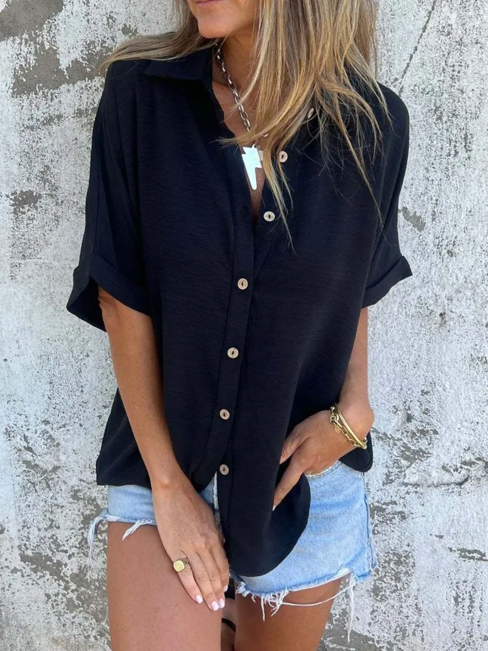Full Size Collared Neck Half Sleeve Shirt Plus Size, image 18