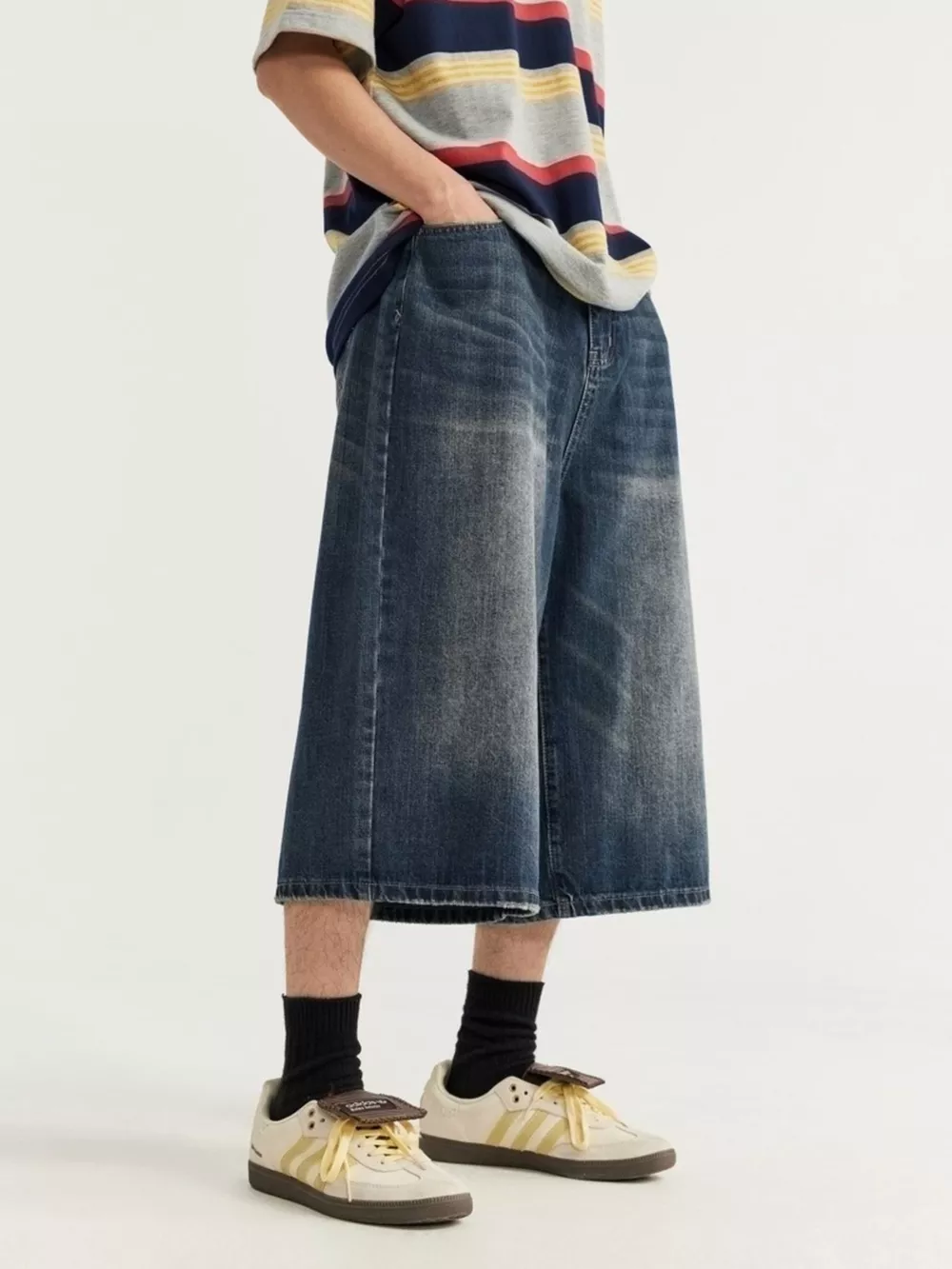 Men's Washed Wide Leg Demin Shorts, image 10