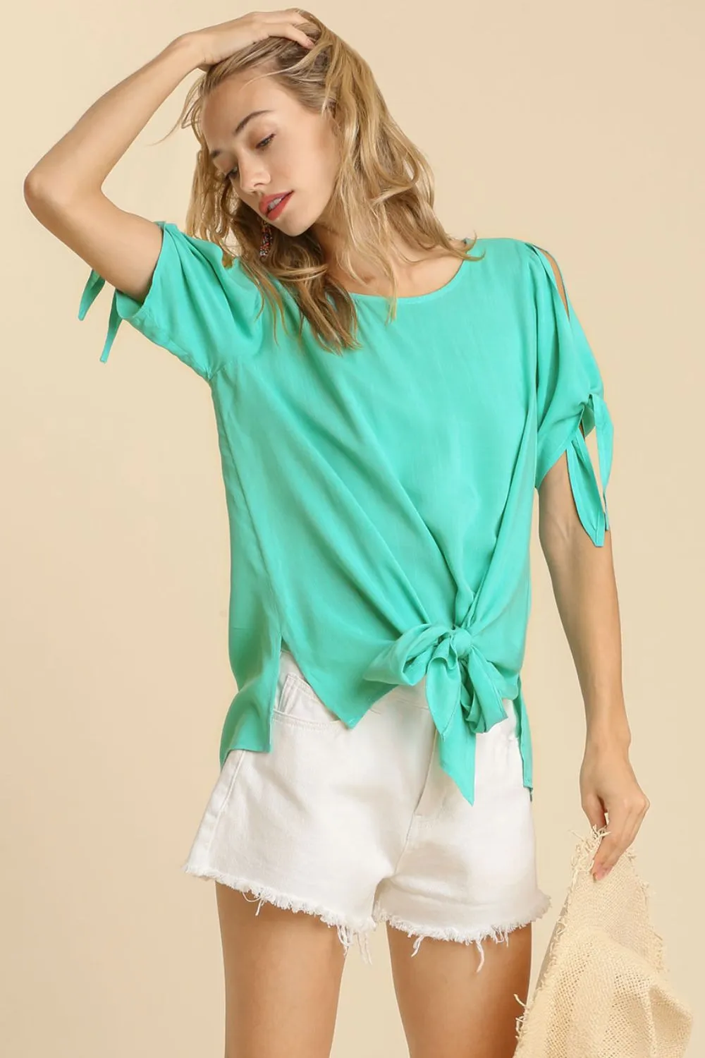 Cold Shoulder Short Sleeve Round Neck Top with Side Slits and Tie-able Knot Details