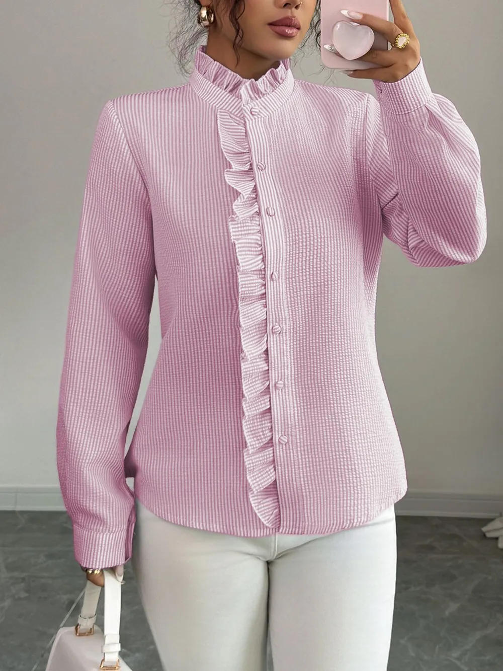 Ruffle Front Striped Button-Up Shirt, image 5