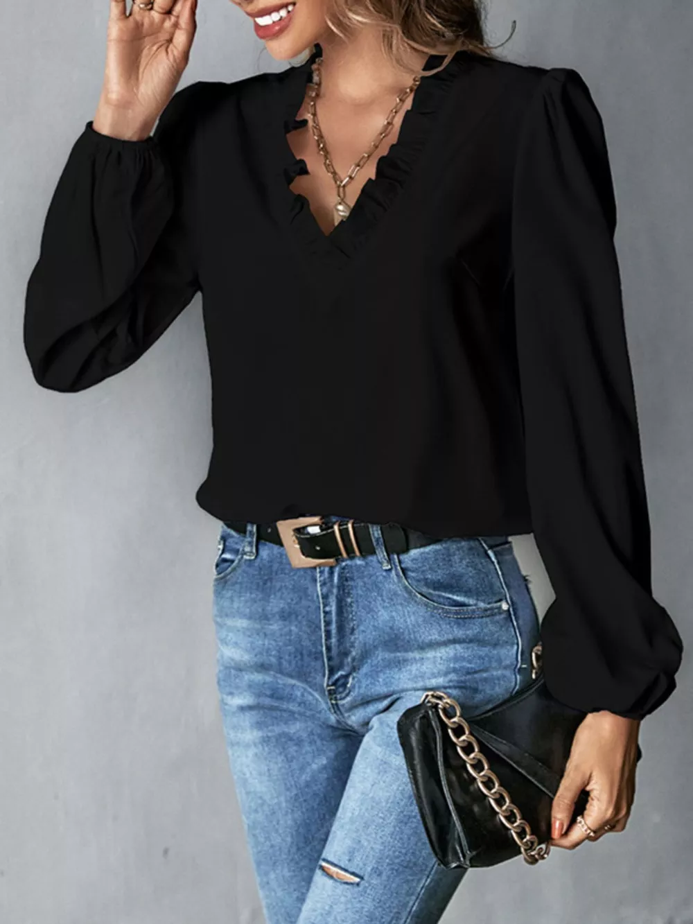 Ruffled Trim V-Neck Blouse, image 4