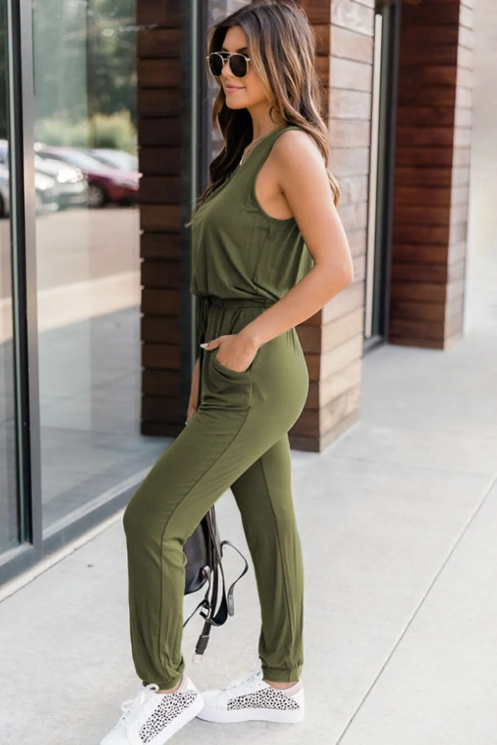 Drawstring Round Neck Sleeveless Jumpsuit, image 9
