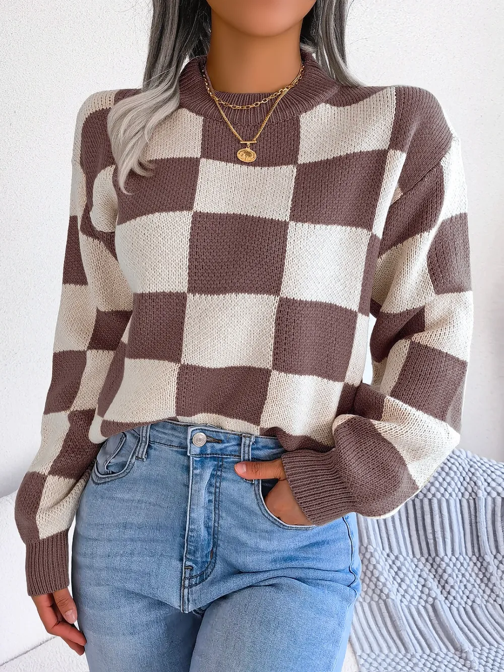 Checkered Mock Neck Long Sleeve Sweater, image 20