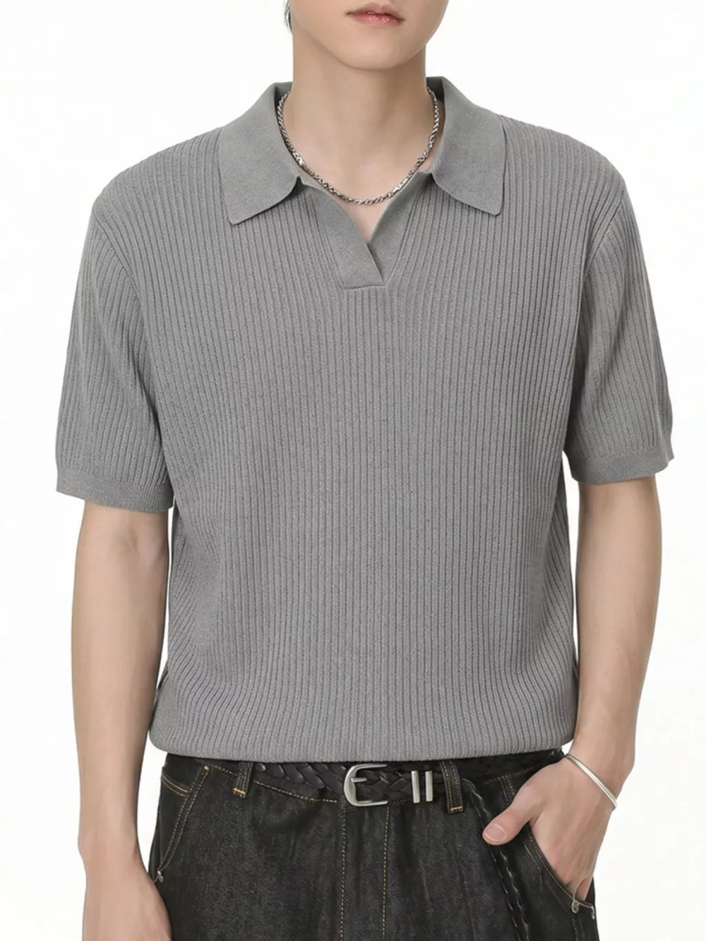 Men's Ribbed Knit Polo Collar Top, image 7