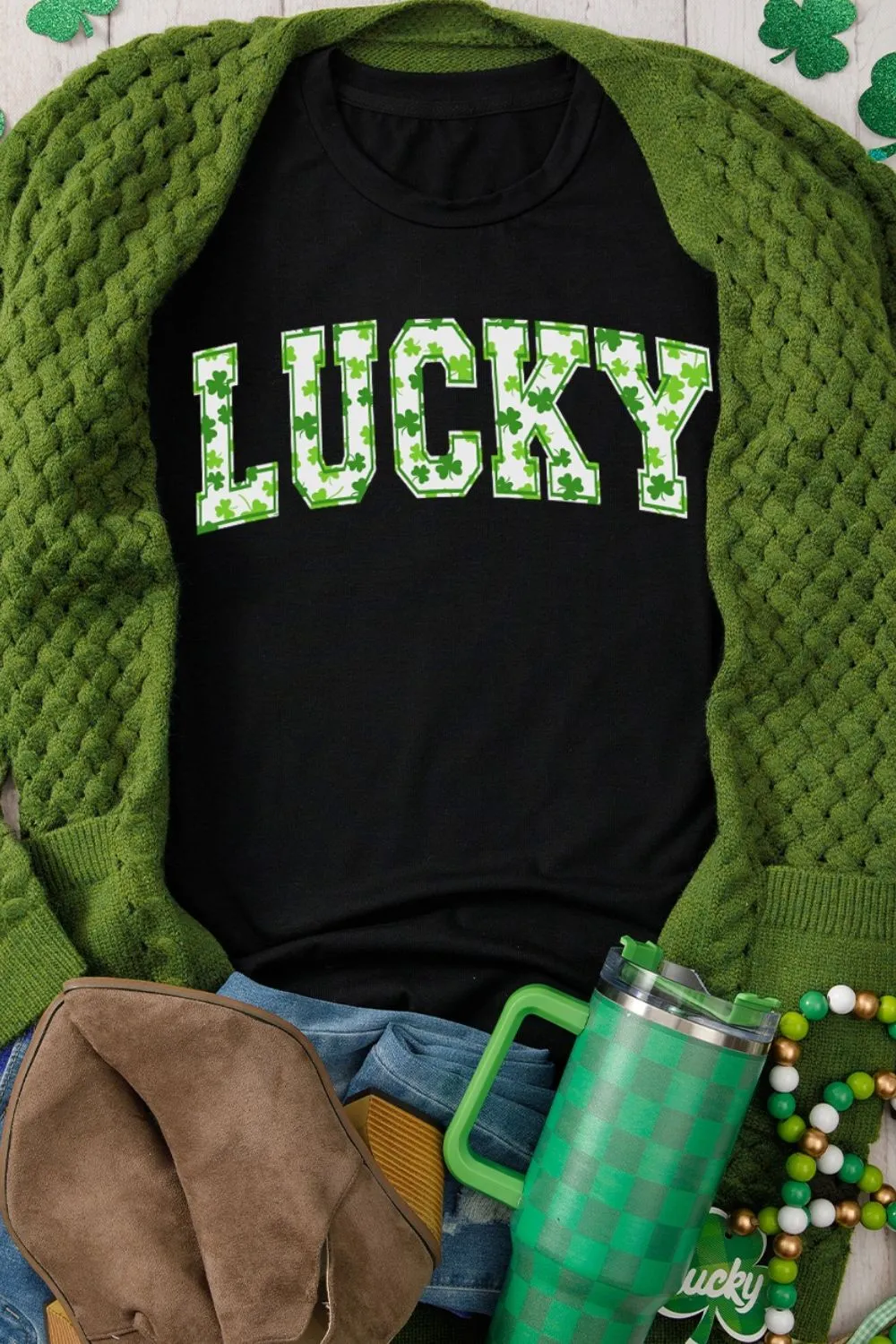 LUCKY Letter Clover Short Sleeve T-Shirt, image 4