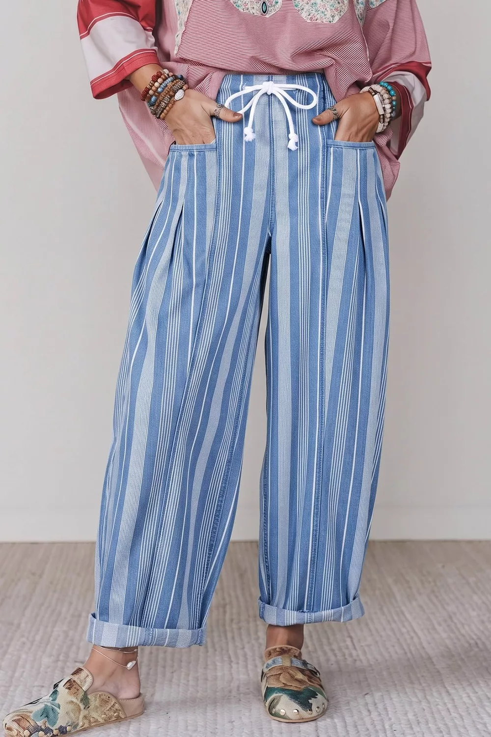 Stripe High Waist Wide Leg Barrel Jeans