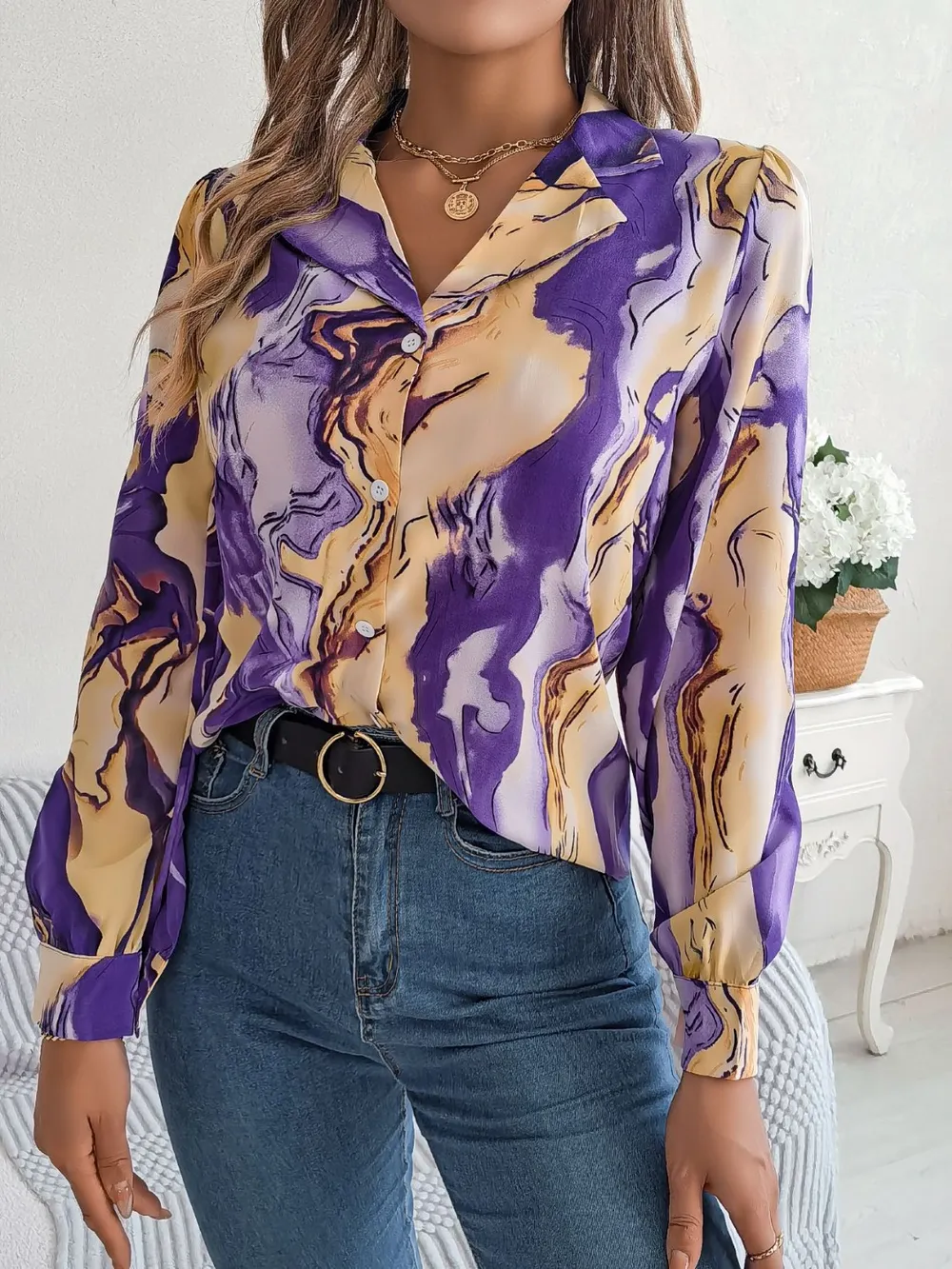 Printed Button Up Long Sleeve Shirt, image 10