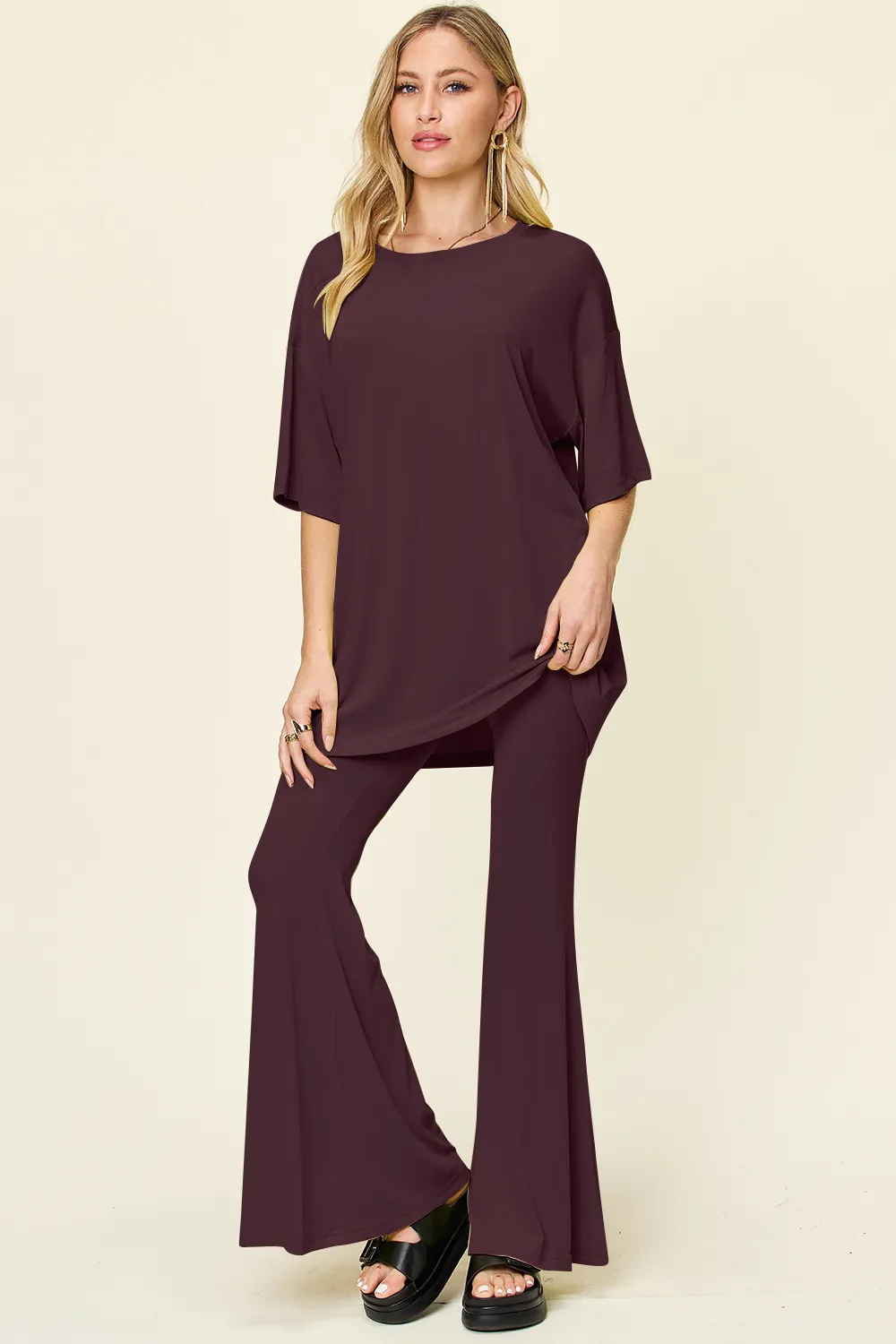 Full Size Round Neck Drop Shoulder T-Shirt and Flare Pants Set, image 20