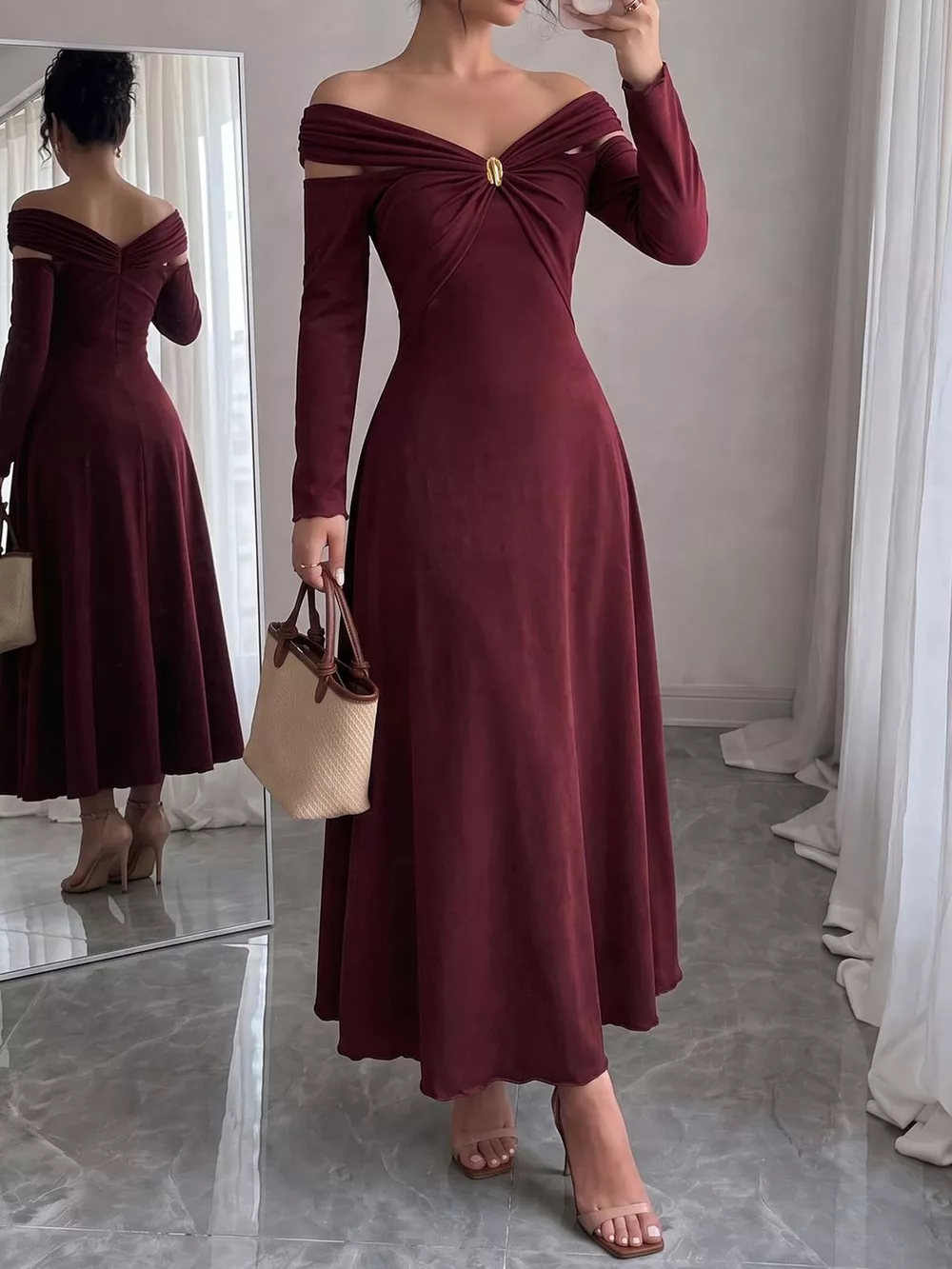 Off-Shoulder Long-Sleeve Maxi Dress, image 2