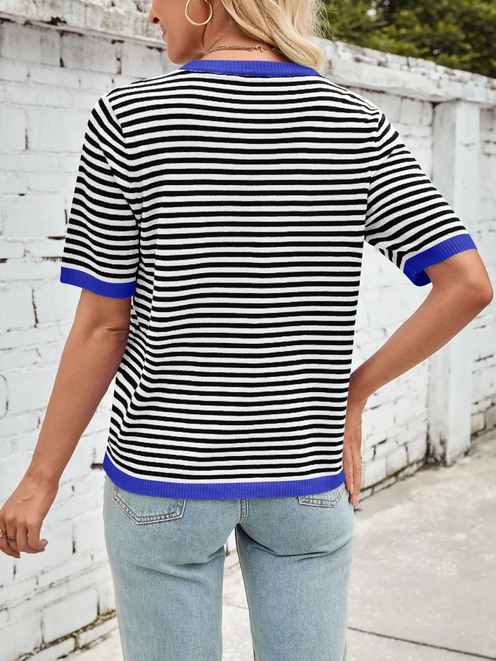 Striped Contrast Round Neck Half Sleeve Knit Top, image 15