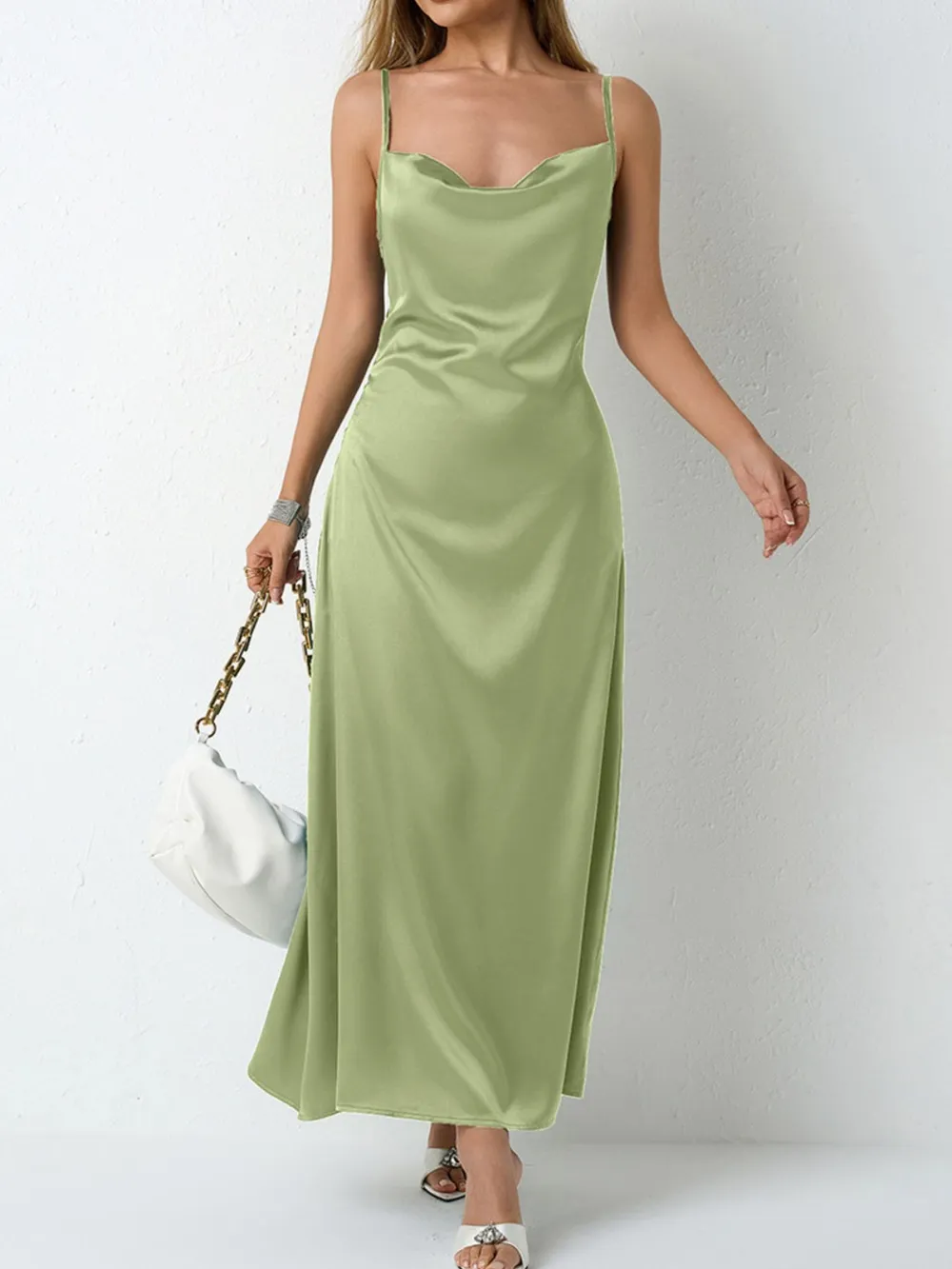 Satin Cowl Neck Cami Dress, image 10