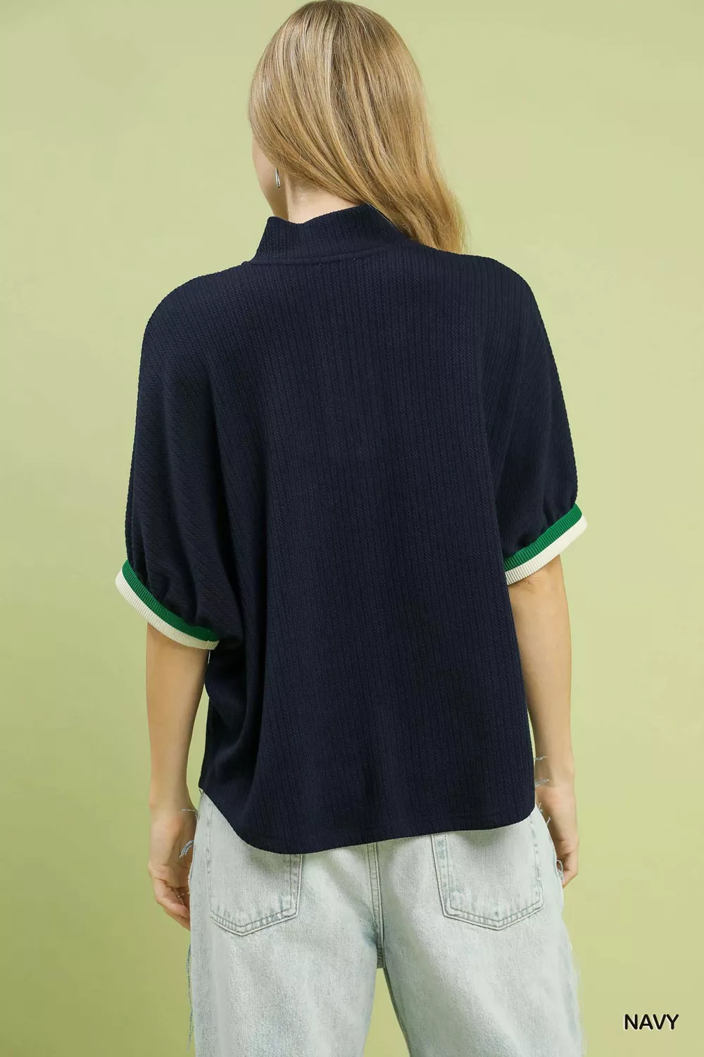 Textured Knit Top with Striped Contrast Trim, image 4
