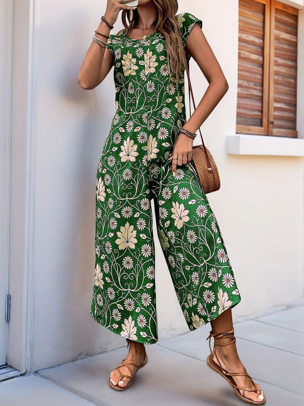 Printed Round Neck Cap Sleeve Wide Leg Jumpsuit, image 17