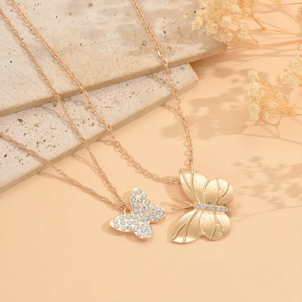 2 Piece 18K Gold-Plated Rhinestone Butterfly Necklace, image 3