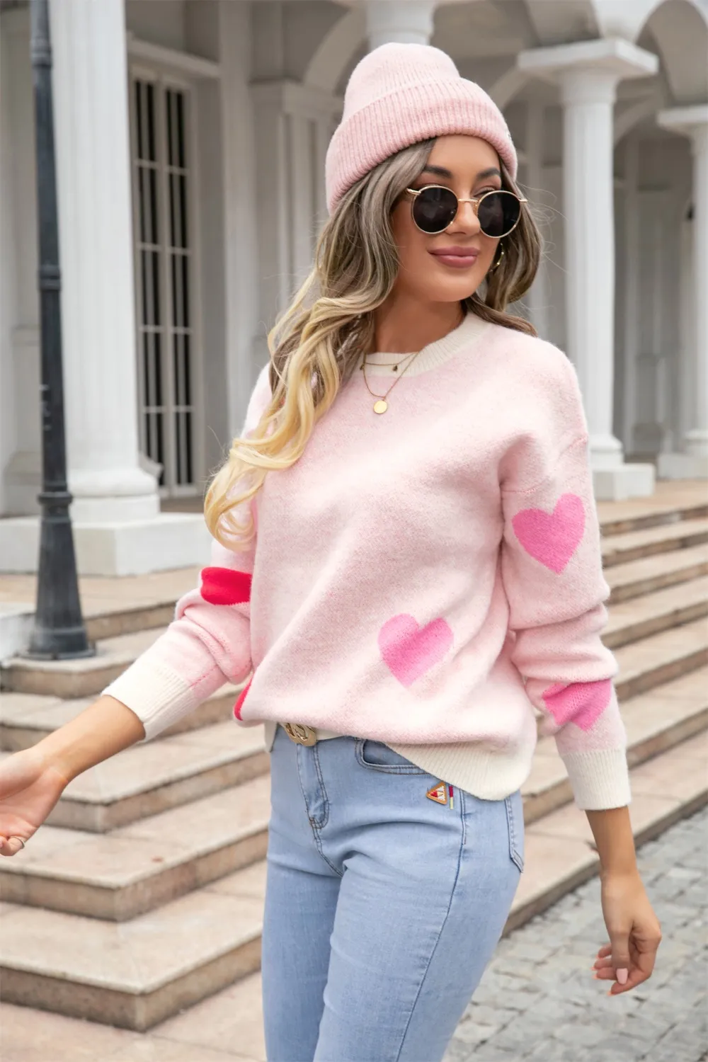 Heart Round Neck Droppped Shoulder Sweater, image 7