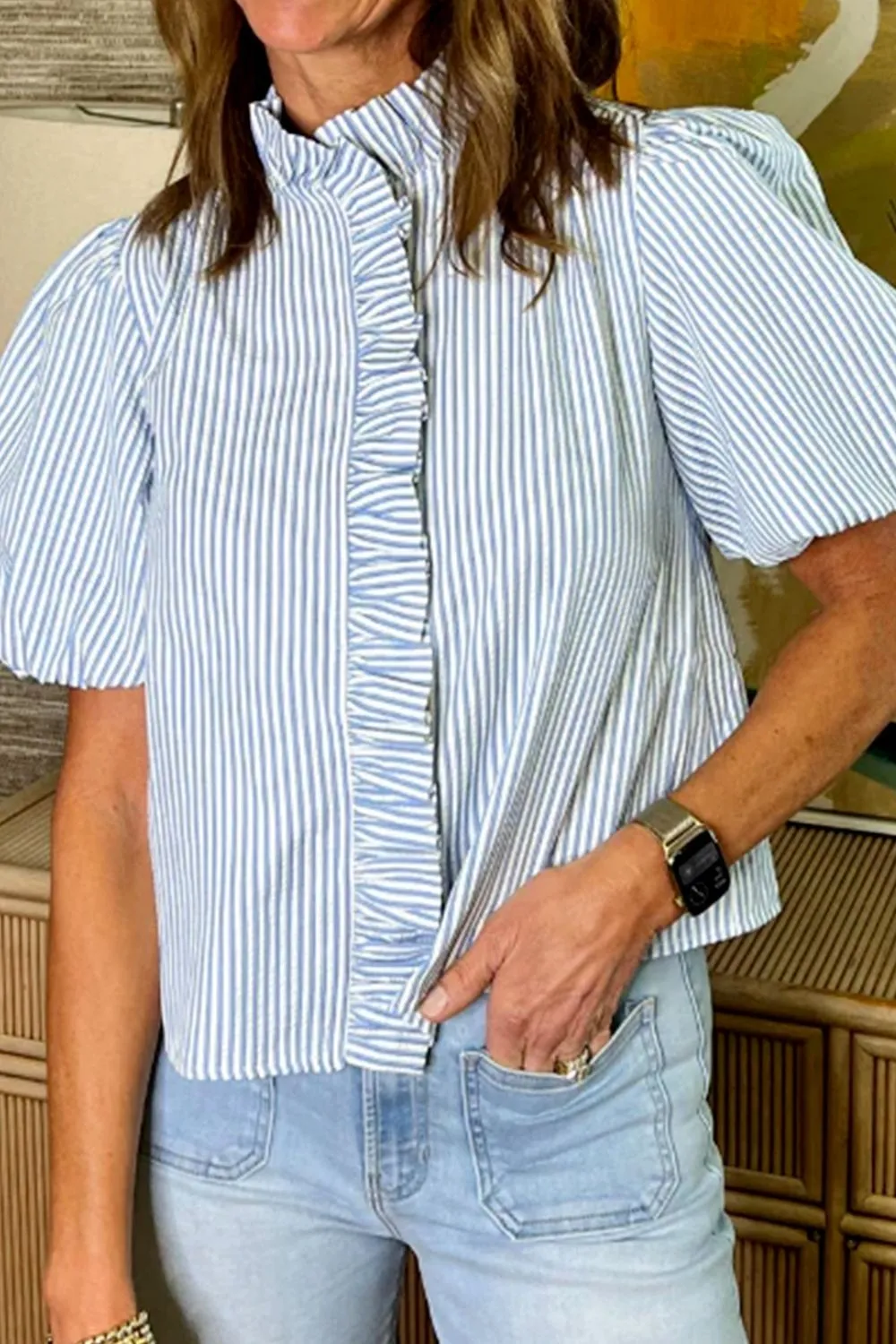 Striped Ruffle Short Bubble Sleeve Shirt, image 13
