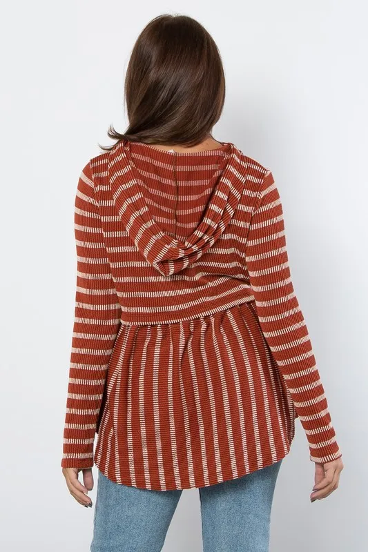 Full Size Drawstring Striped Babydoll Hoodie, image 3