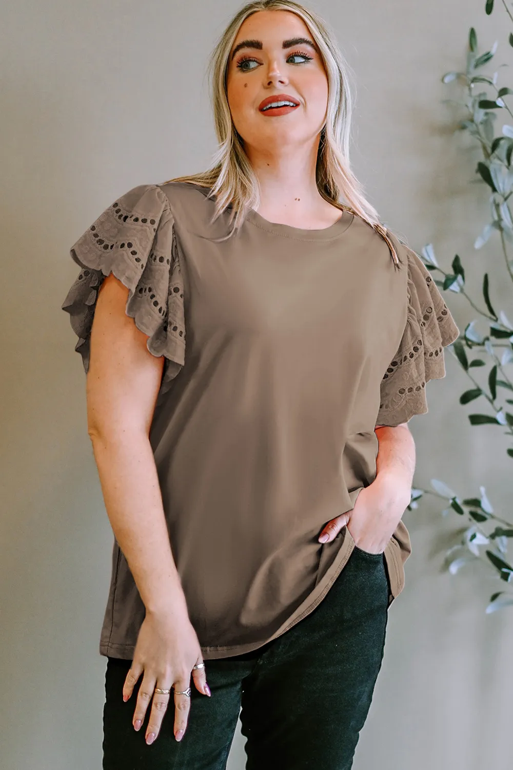 Plus Size Eyelet Round Neck Short Sleeve Blouse, image 14