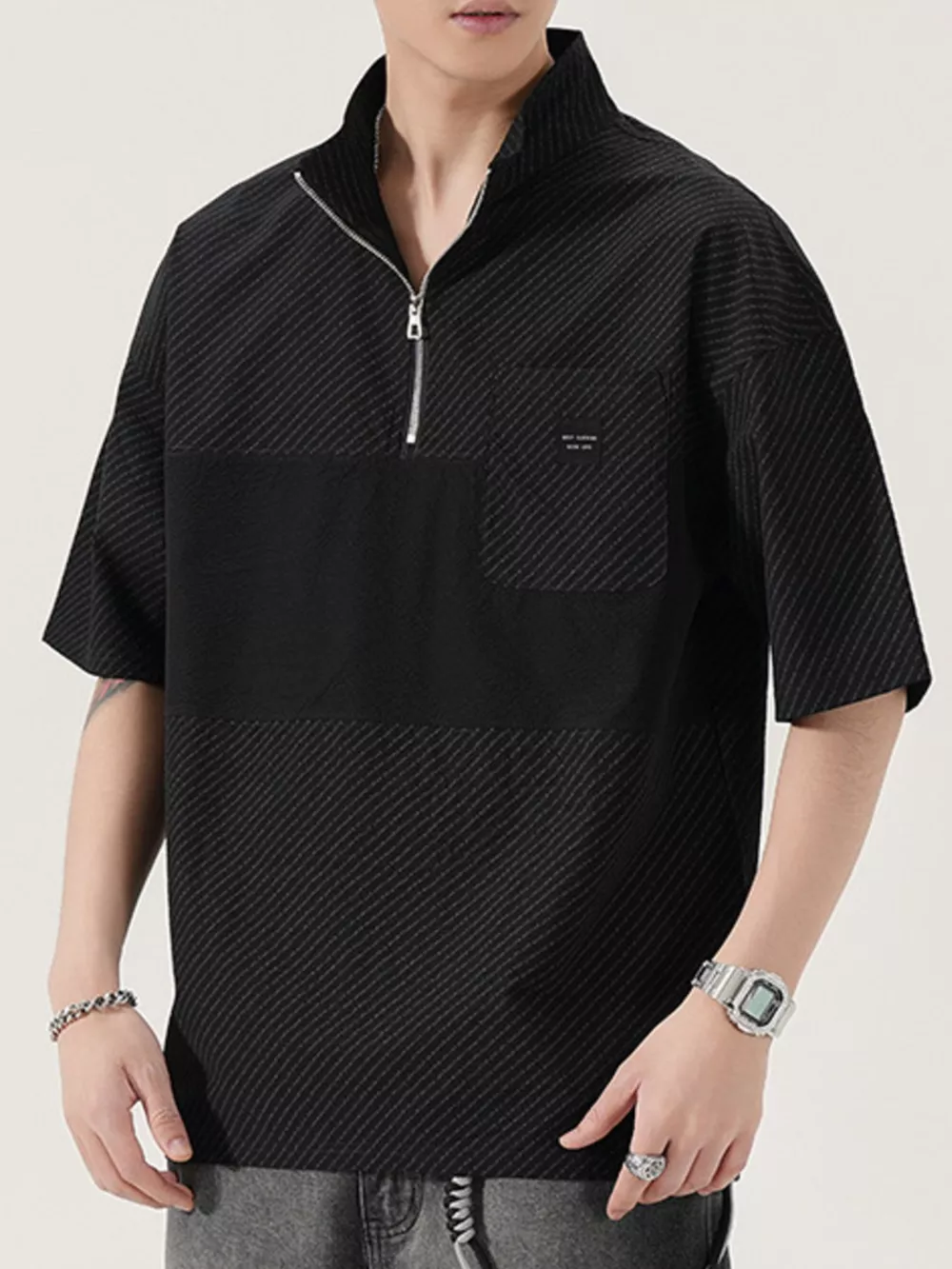 Men's Full Size Half-Zip Textured Oversized T-Shirt Plus Size