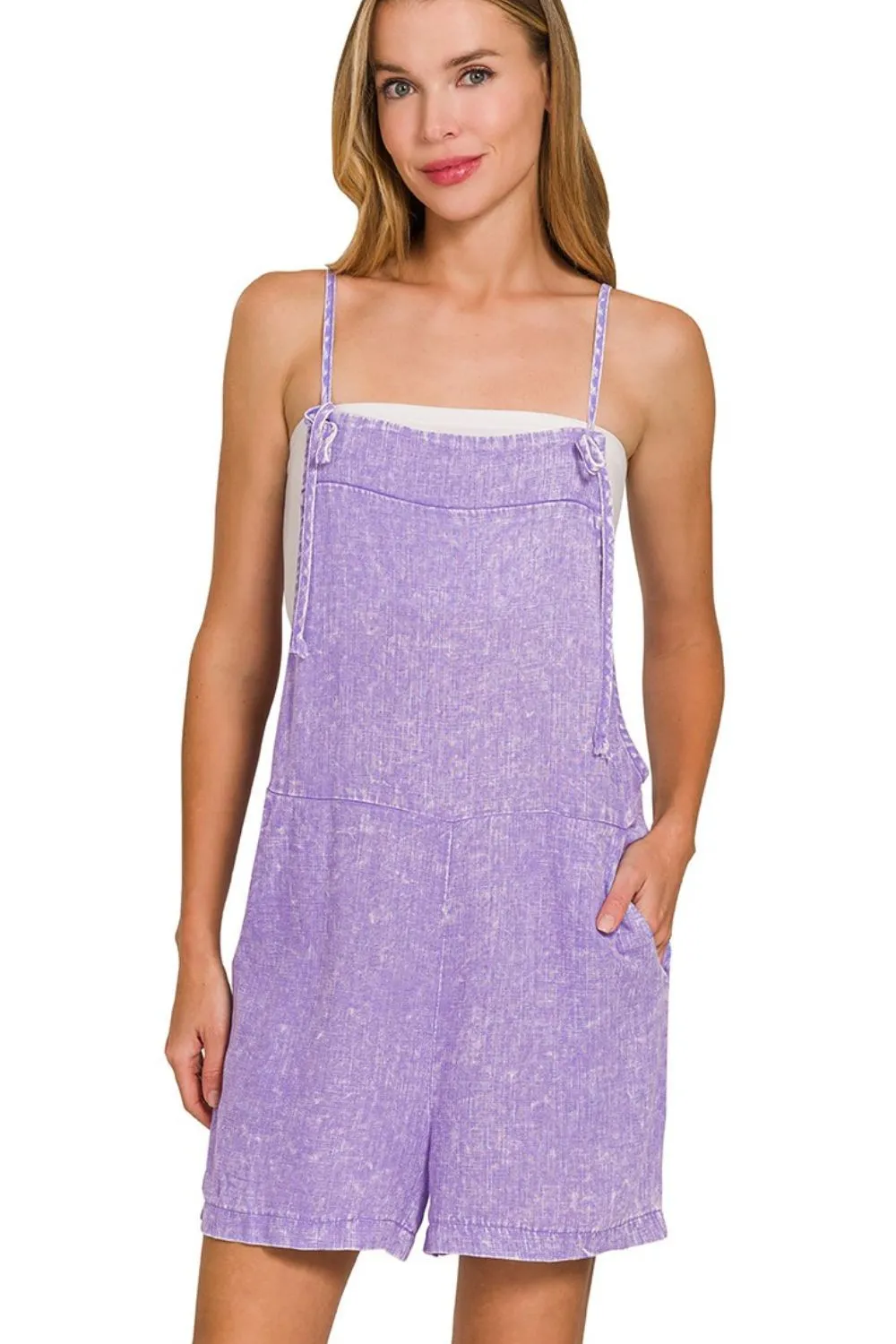 Washed Linen Knot Strap Rompers, image 2