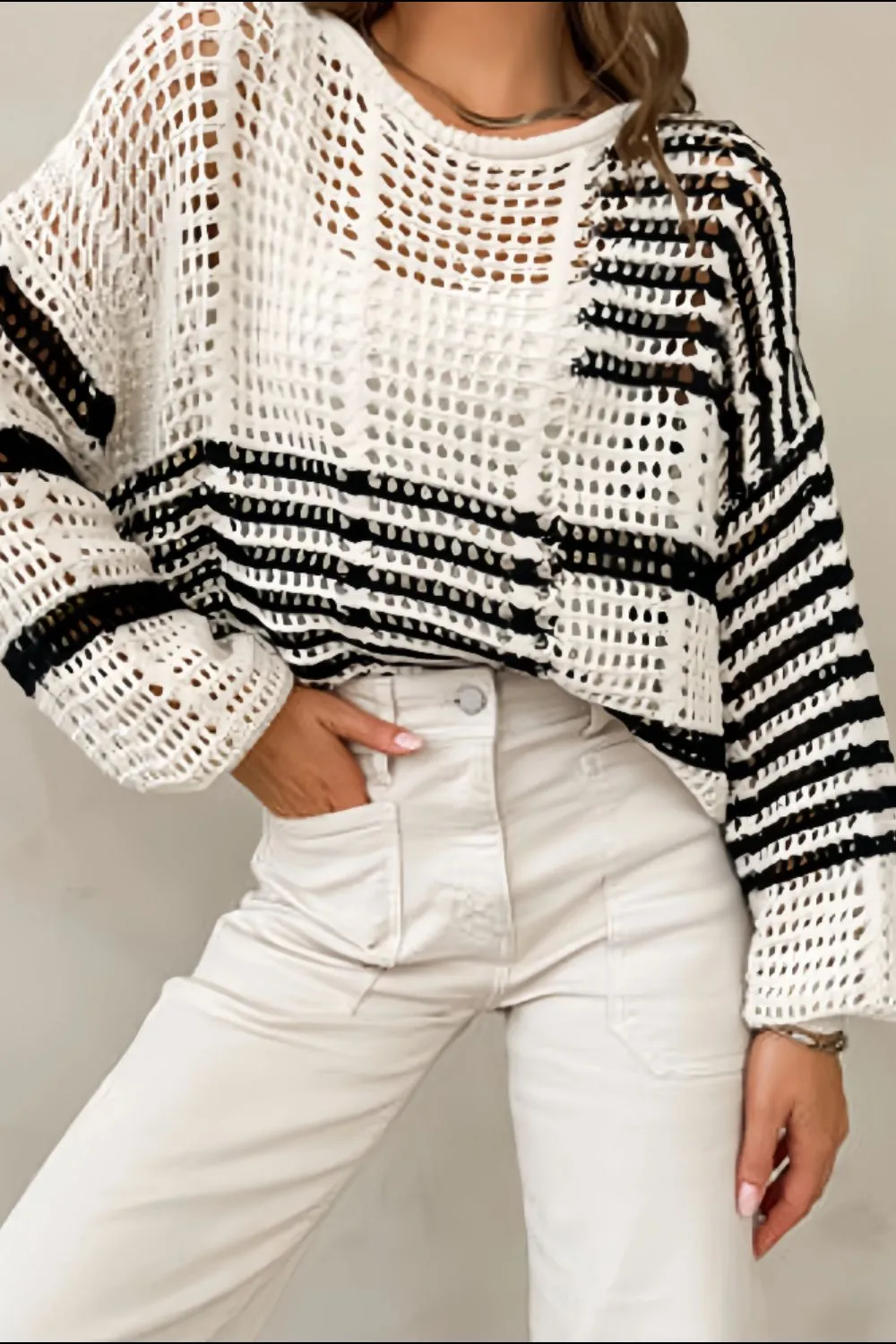 Contrast Striped Crochet Long Sleeve Knit Cover Up, image 9