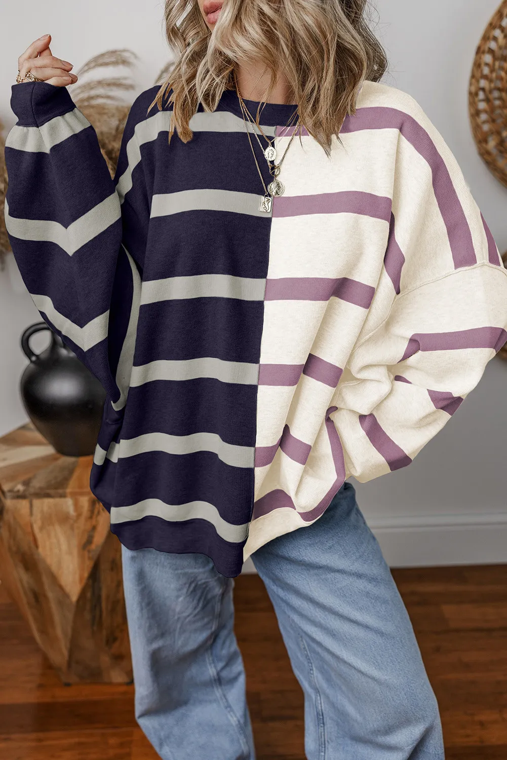 Striped Round Neck Long Sleeve Knit Top, image 16