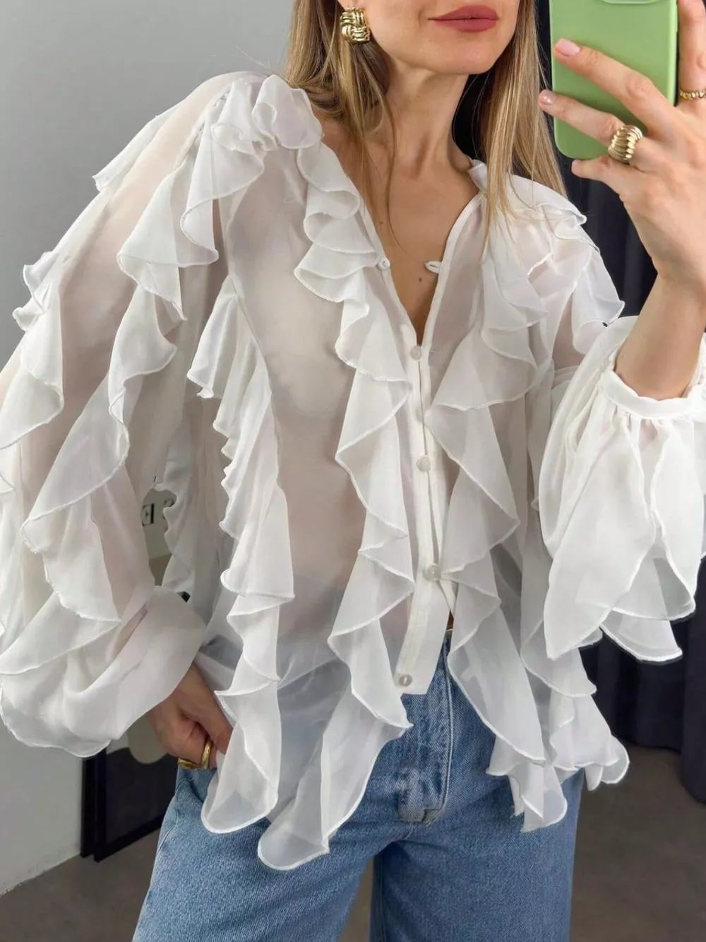 Ruffled Sheer Long Sleeve Blouse, image 28