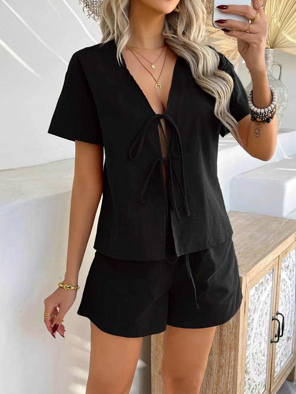 Tied V-Neck Short Sleeve Top and Shorts Set, image 16