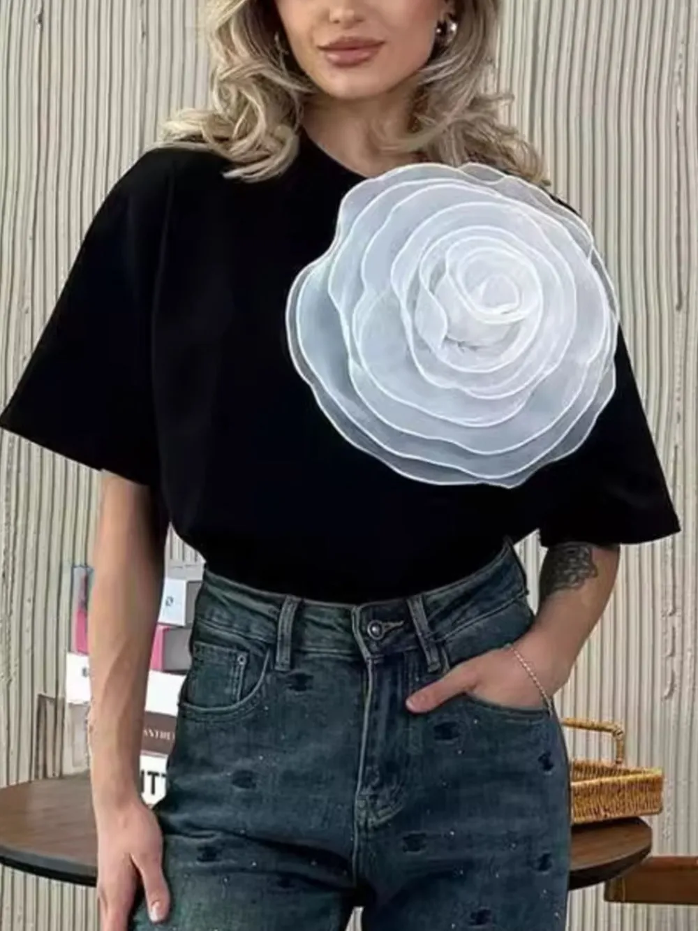 Flower Round Neck Short Sleeve T-Shirt, image 6