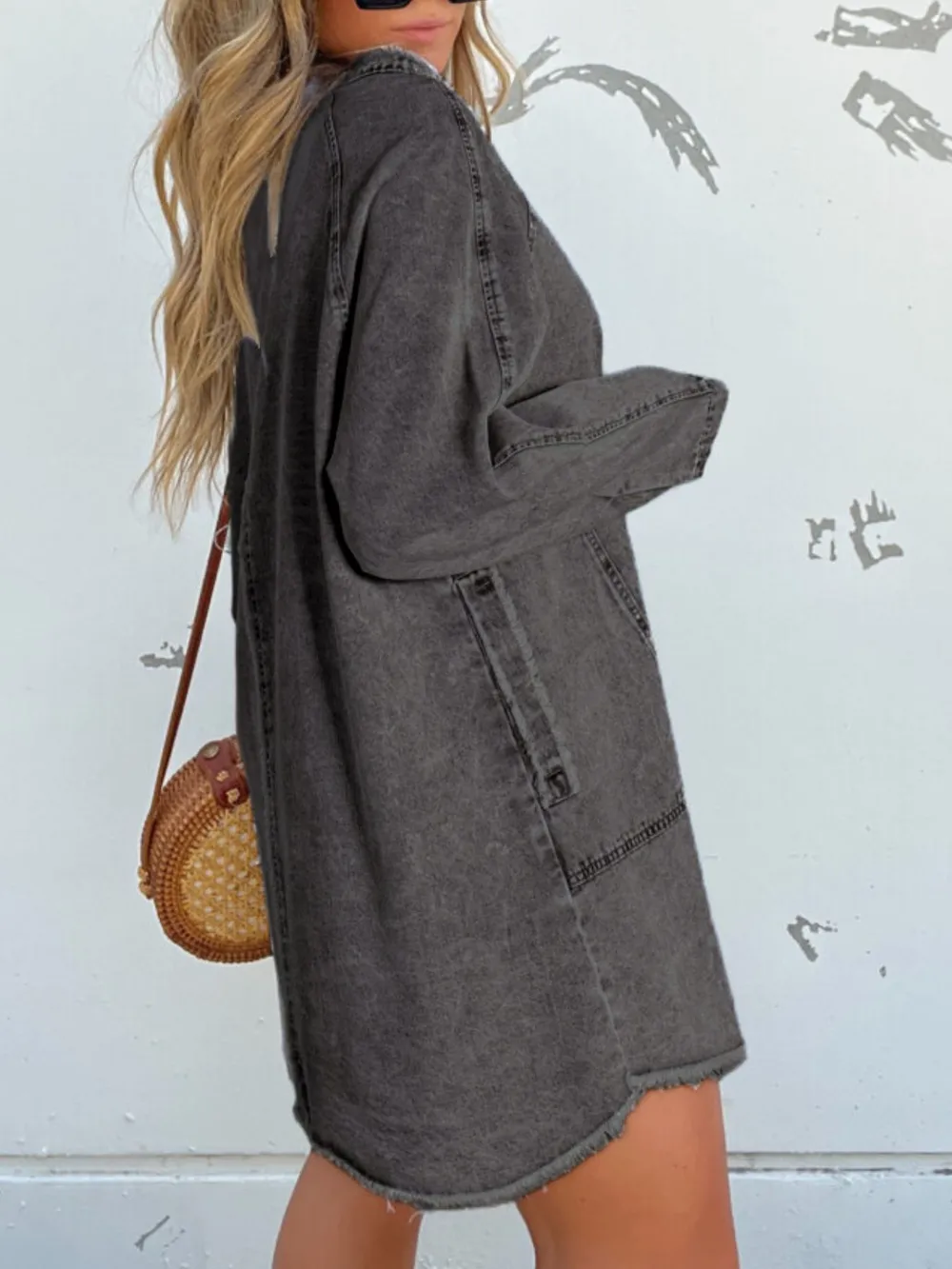 Full Size Button-Front Long Sleeve Denim Shirt Dress Plus Size, image 18
