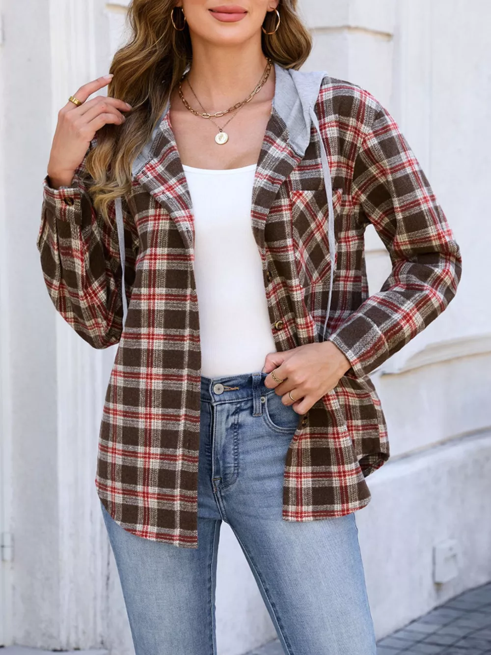 Hooded Plaid Button-Up Shacket, image 7