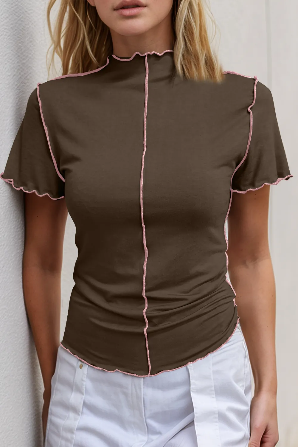 Contrast Trim Mock Neck Short Sleeve T-Shirt, image 15