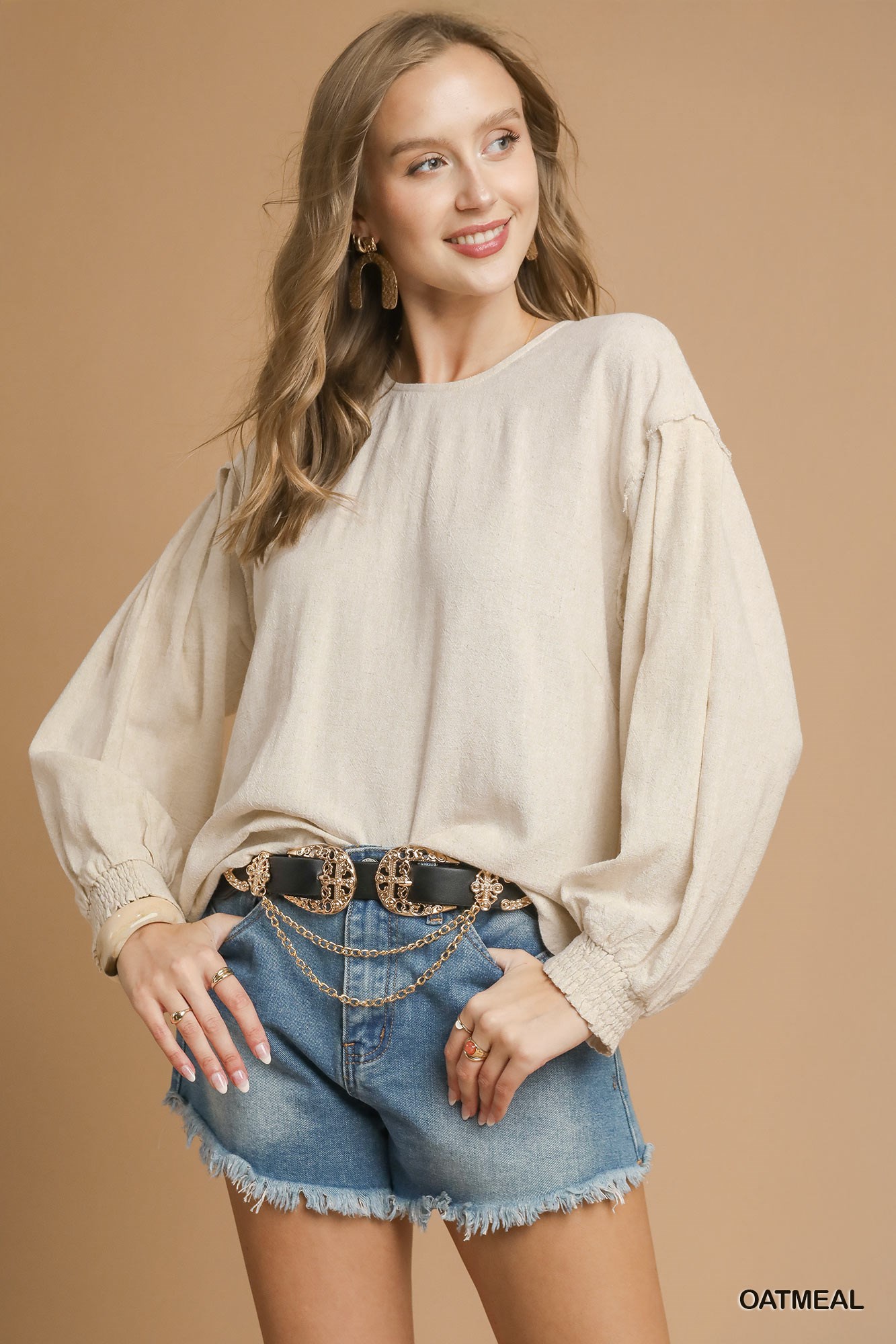 Linen Scallop Hem Long Sleeve Blouse