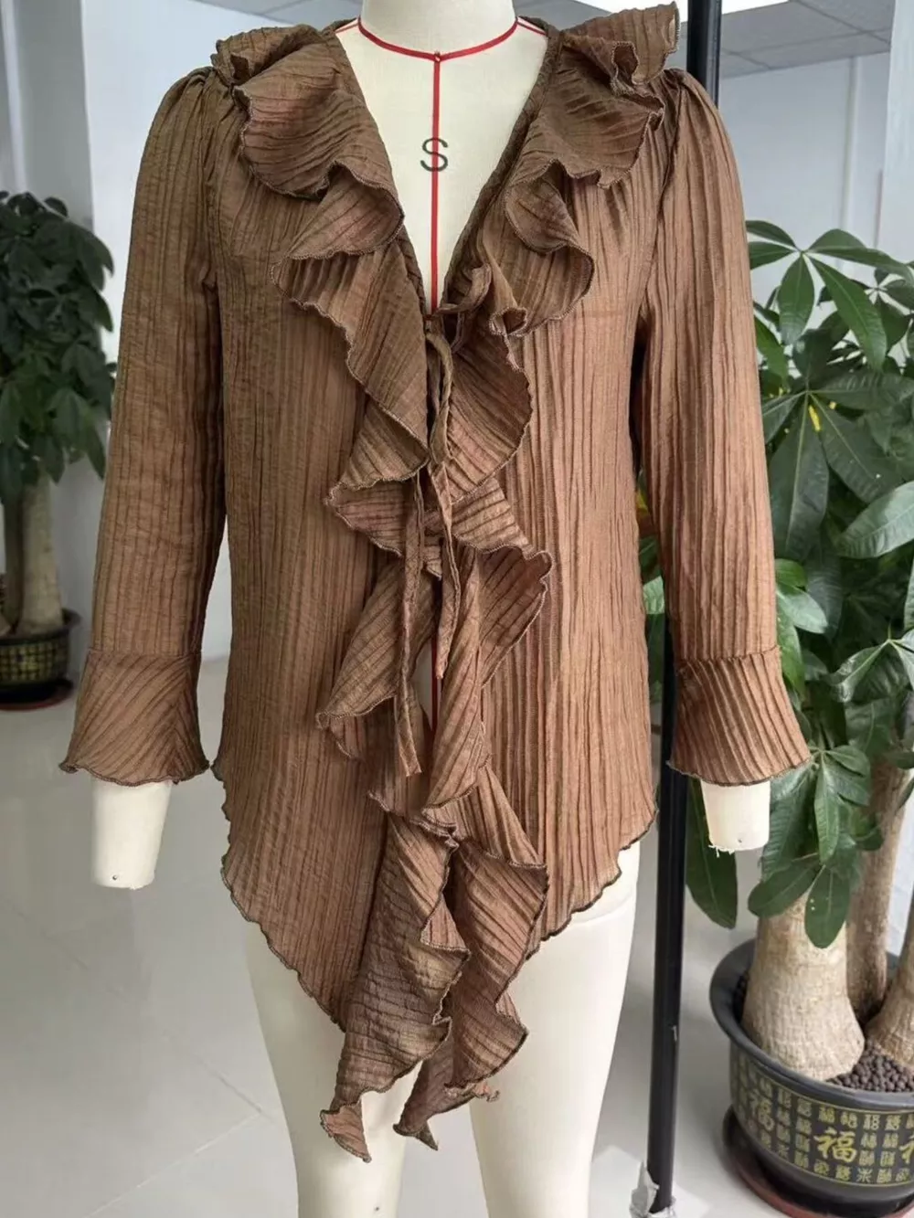 Full Size Ruffled Tie Neck Long Sleeve Blouse Plus Size, image 2