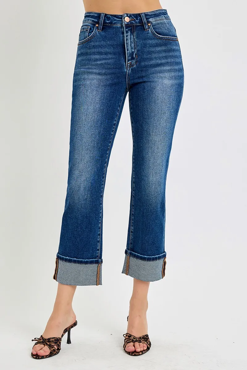 Full Size High Rise Ankle Straight Cuffed Jeans Plus Size